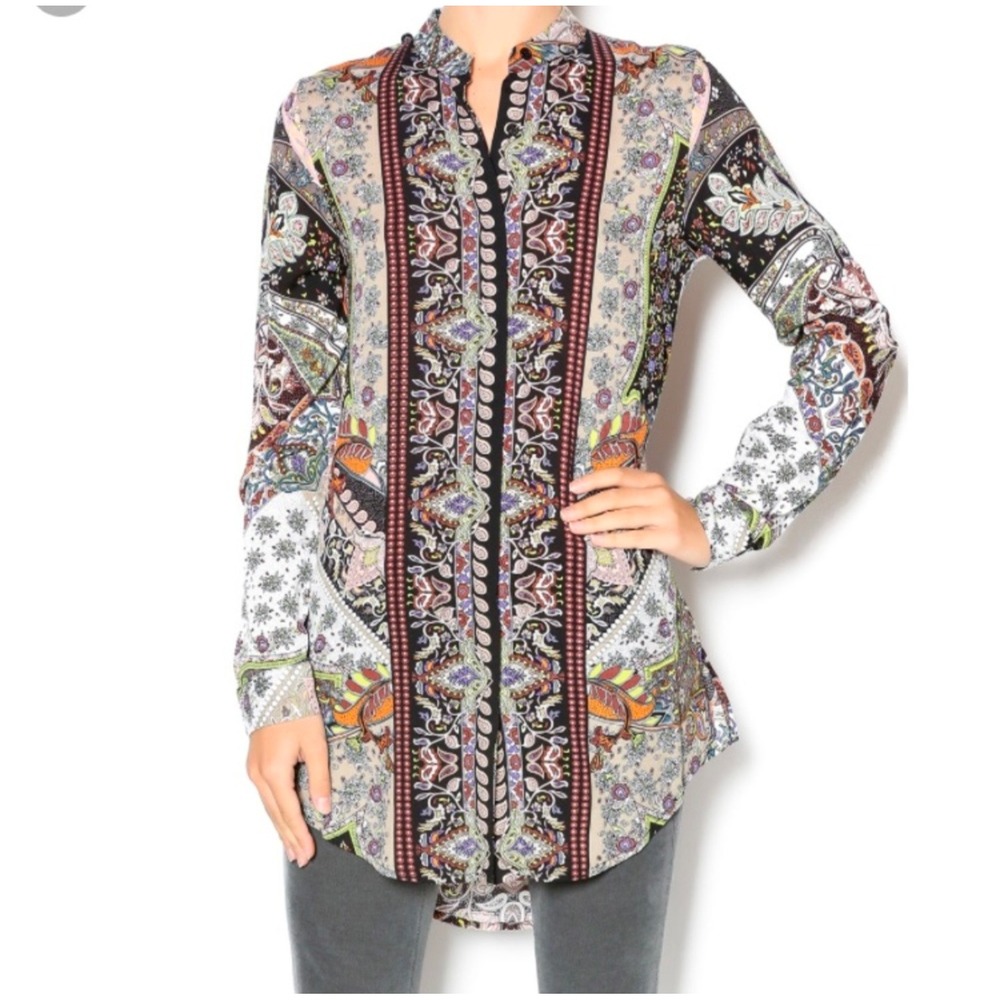 Paisley Print‎ Tunic Shirt Long Sleeve Top band collar women's L Boho Slimming